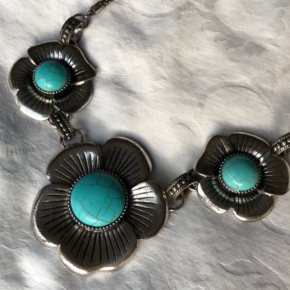 Turquoise Flower Statement Necklace - image 3